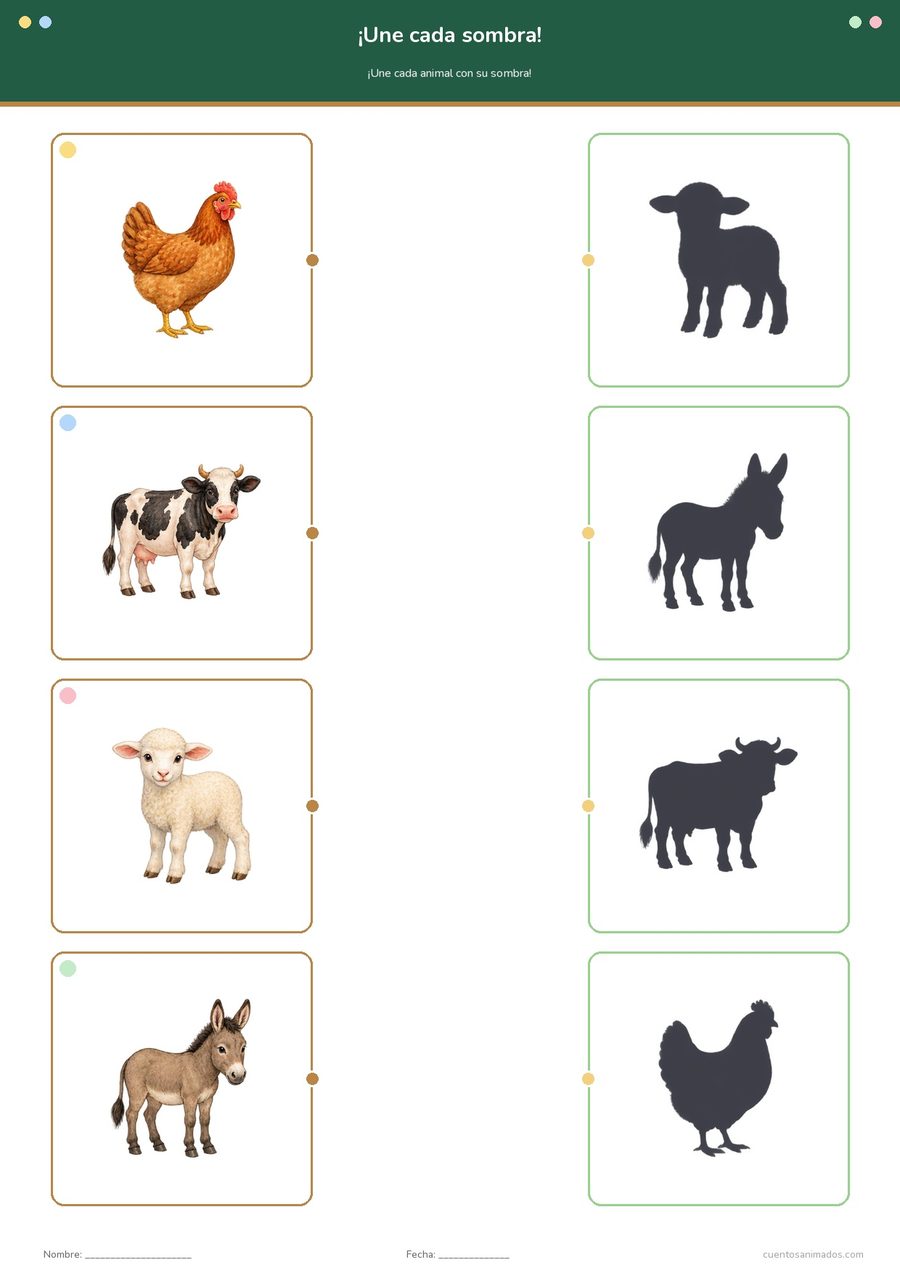 Ficha imprimible gratuita de animales de la granja en la que los niños unen cada animal con su sombra.