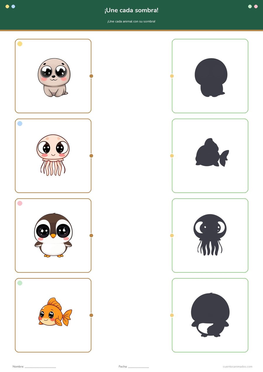 Ficha imprimible gratuita de animales marinos en la que los niños unen cada animal con su sombra.