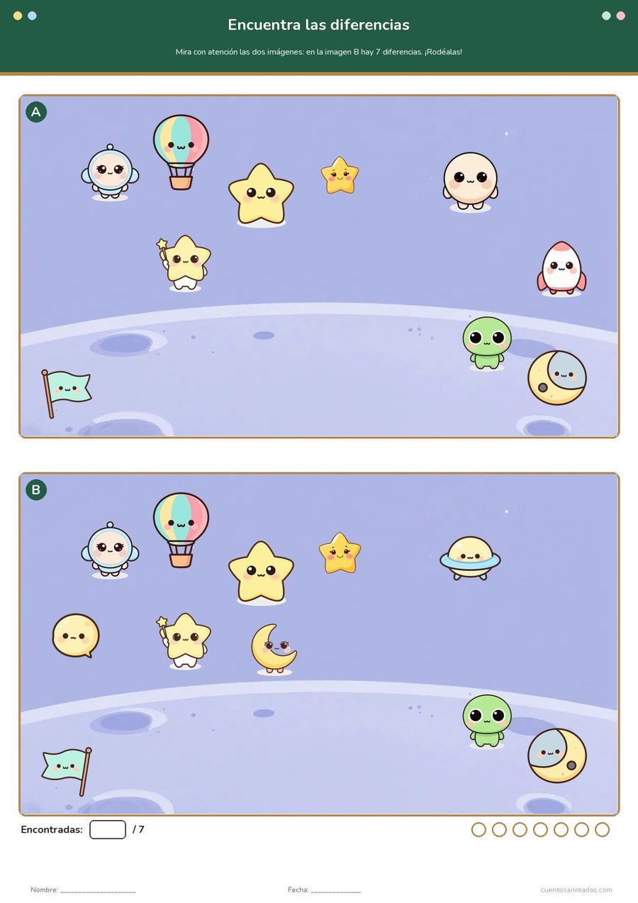 Ficha imprimible gratuita de espacio en la que los niños comparan las dos escenas y rodean las diferencias de la imagen B.