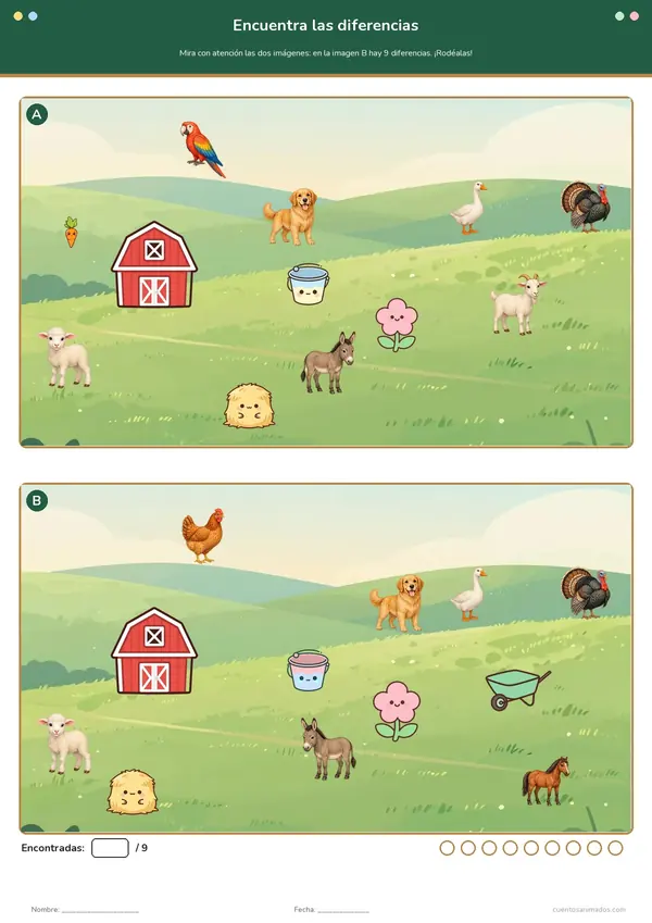Ficha imprimible gratuita de animales de la granja en la que los niños comparan las dos escenas y rodean las diferencias…