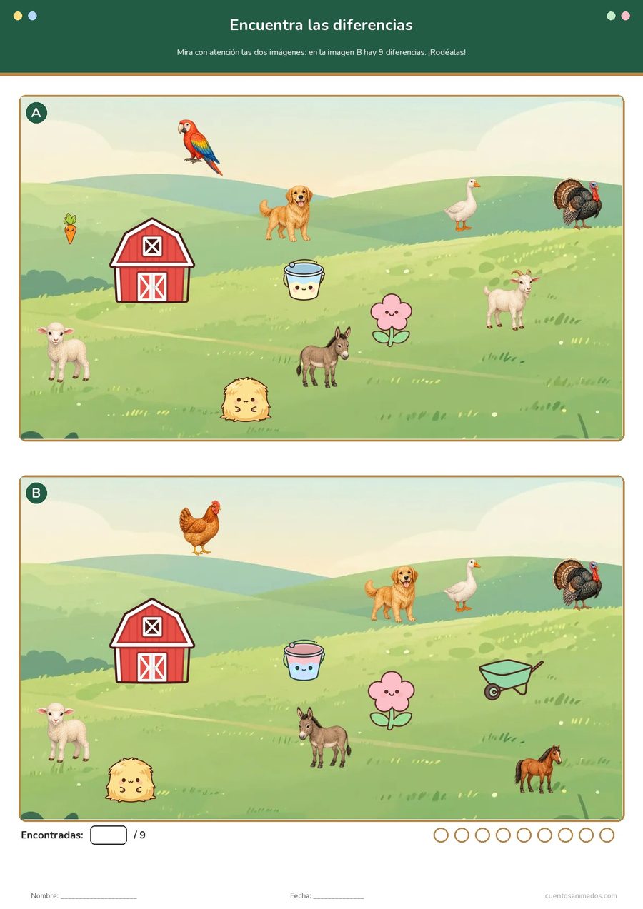 Ficha imprimible gratuita de animales de la granja en la que los niños comparan las dos escenas y rodean las diferencias…