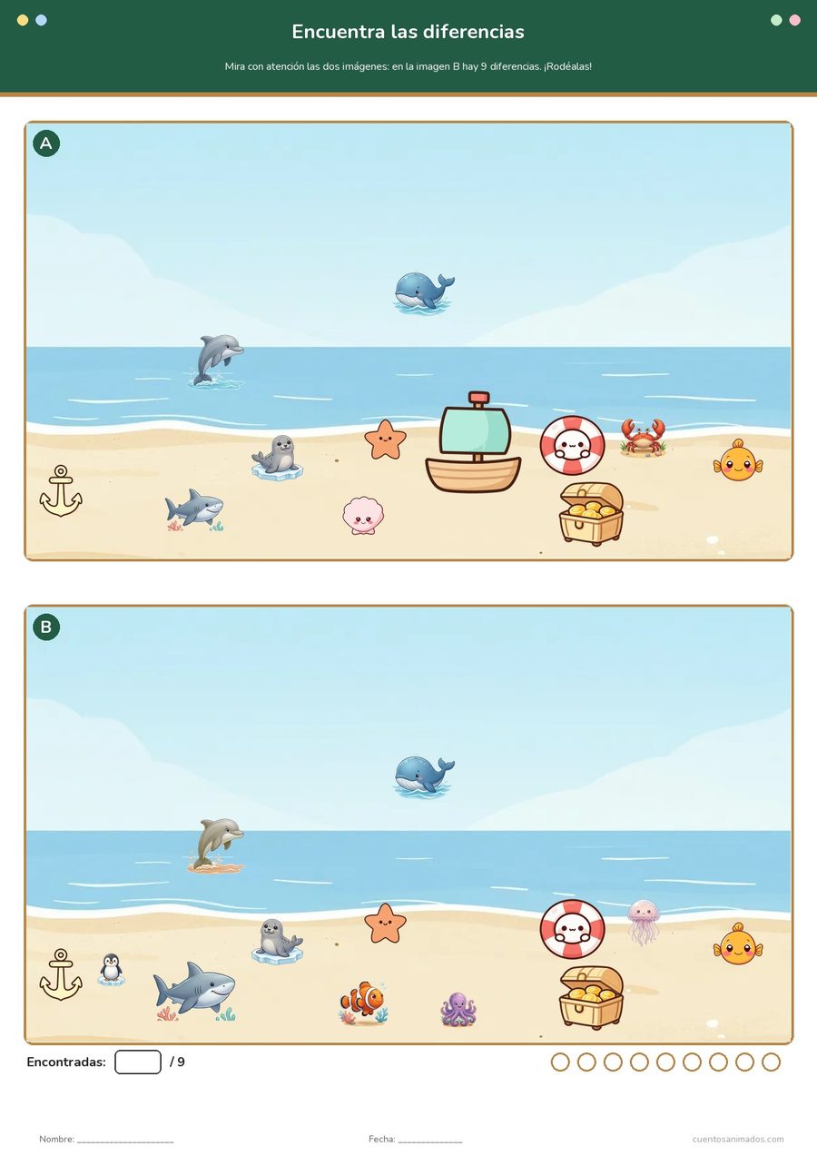 Ficha imprimible gratuita de animales marinos en la que los niños comparan las dos escenas y rodean las diferencias…