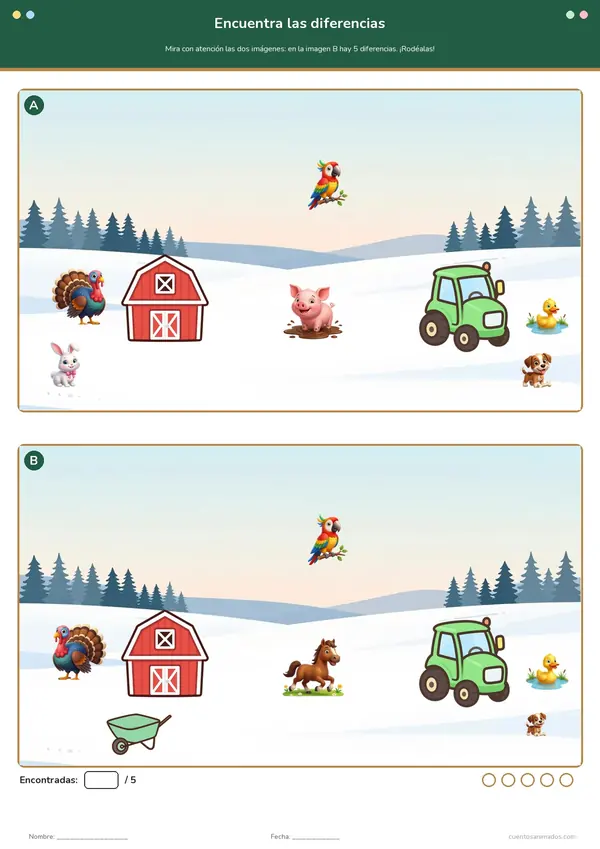 Ficha imprimible gratuita de animales de la granja en la que los niños comparan las dos escenas y rodean las diferencias…