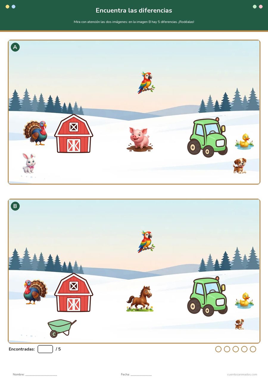 Ficha imprimible gratuita de animales de la granja en la que los niños comparan las dos escenas y rodean las diferencias…