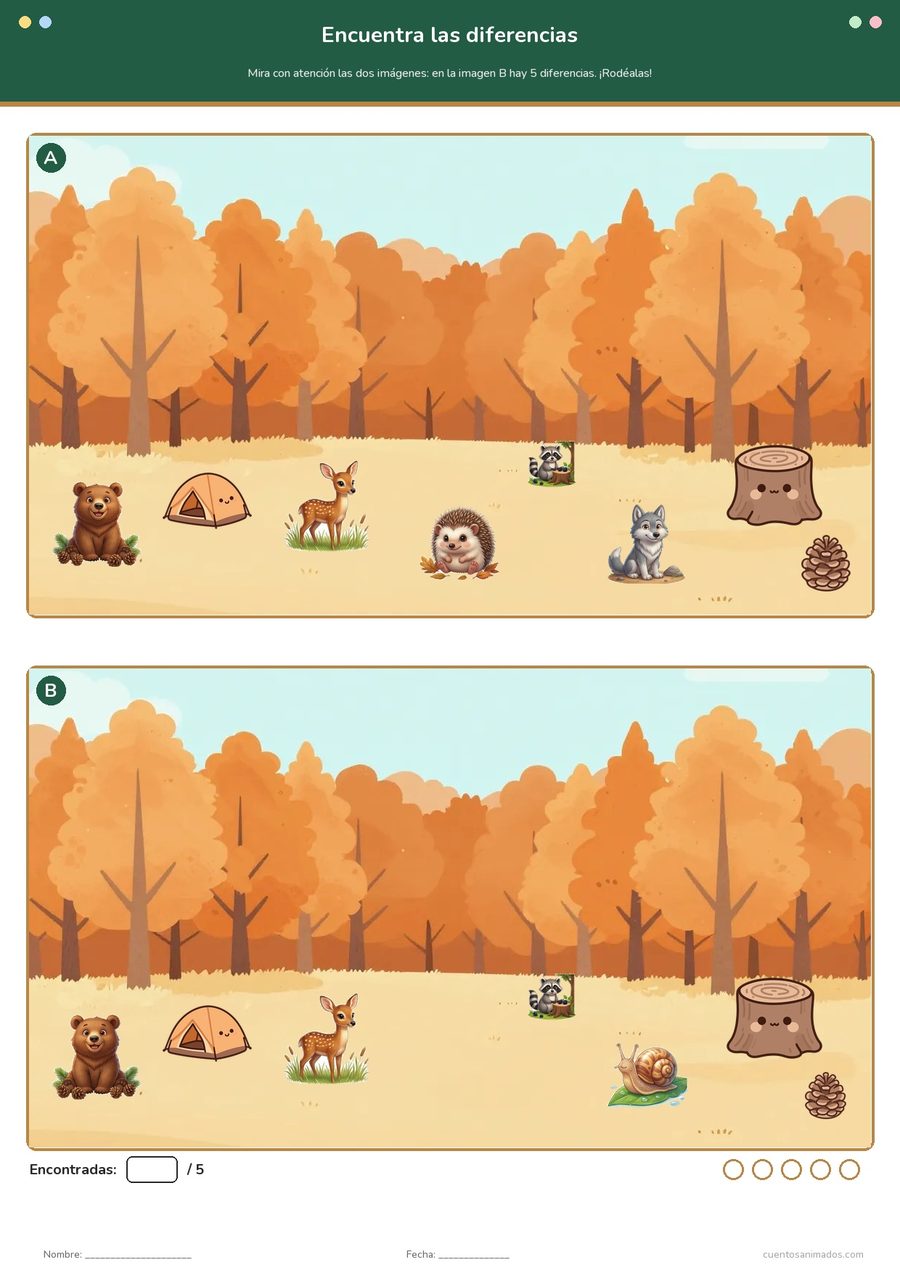 Ficha imprimible gratuita de animales del bosque en la que los niños comparan las dos escenas y rodean las diferencias…