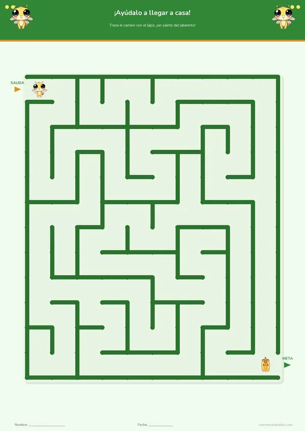 Ficha imprimible gratuita de insectos amigables en la que los niños encuentran el camino correcto por el laberinto.