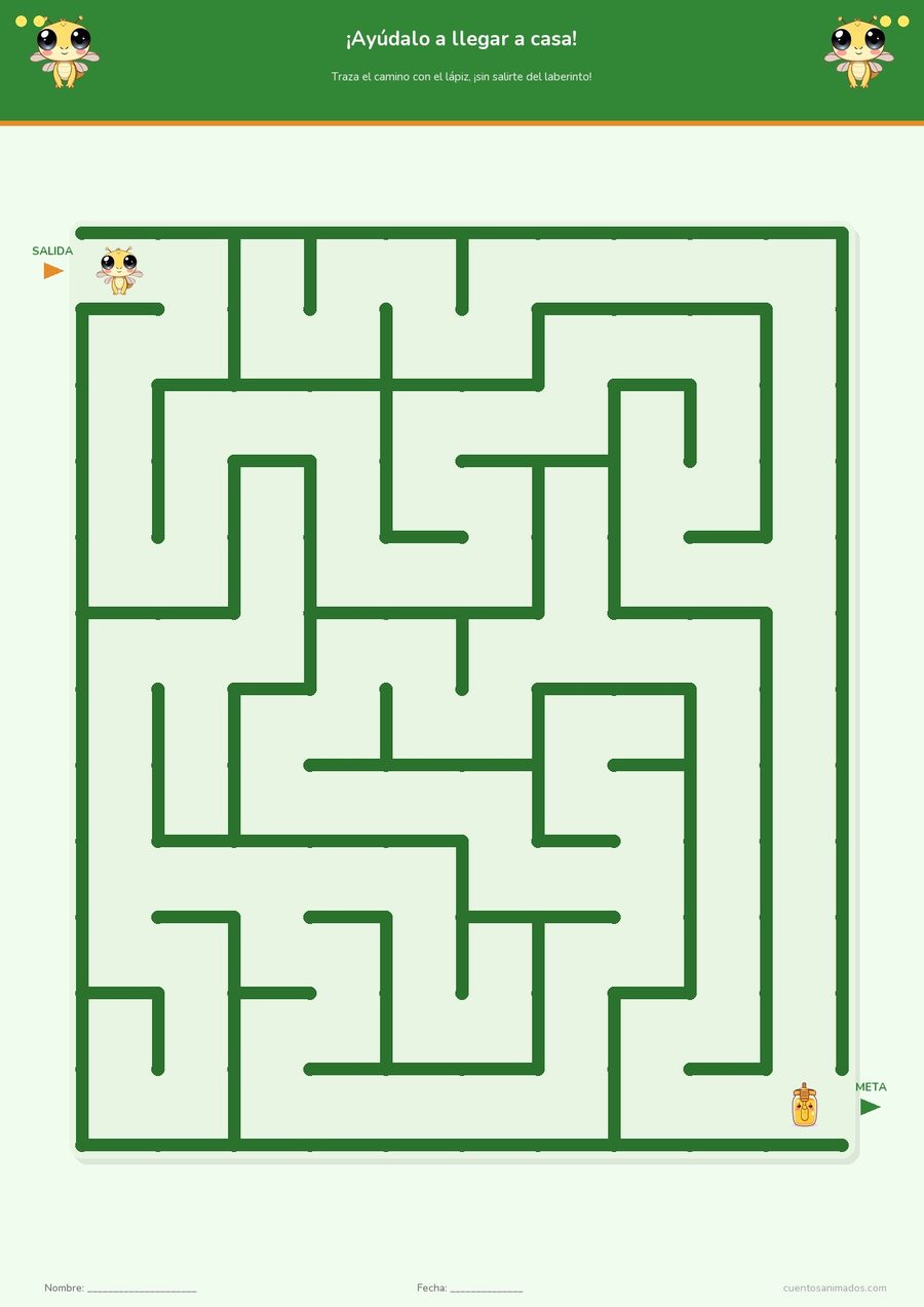 Ficha imprimible gratuita de insectos amigables en la que los niños encuentran el camino correcto por el laberinto.