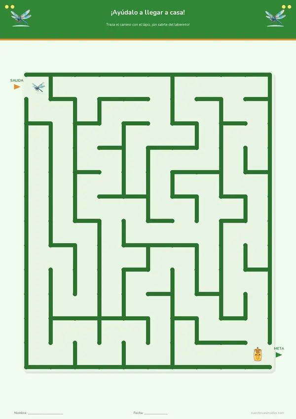 Ficha imprimible gratuita de insectos amigables en la que los niños encuentran el camino correcto por el laberinto.