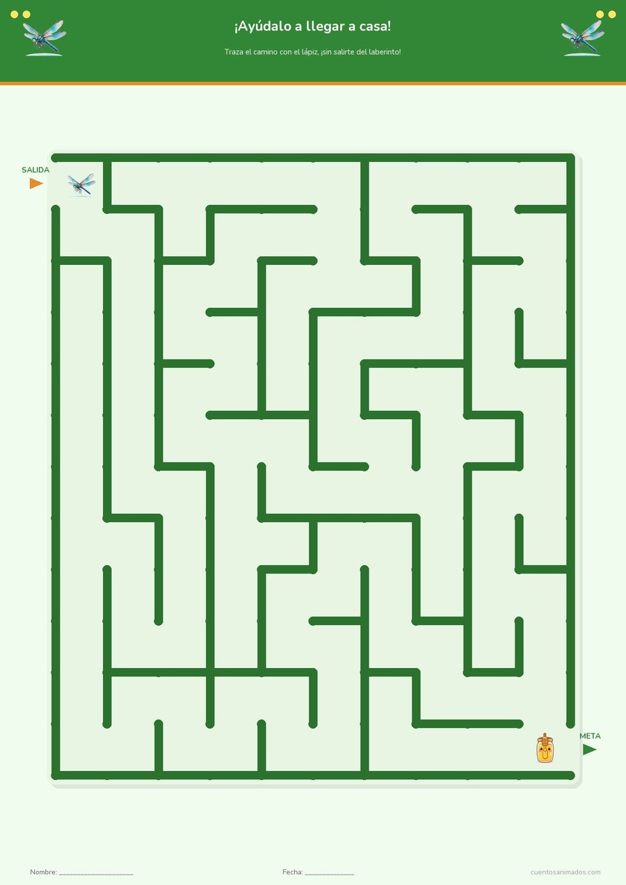 Ficha imprimible gratuita de insectos amigables en la que los niños encuentran el camino correcto por el laberinto.