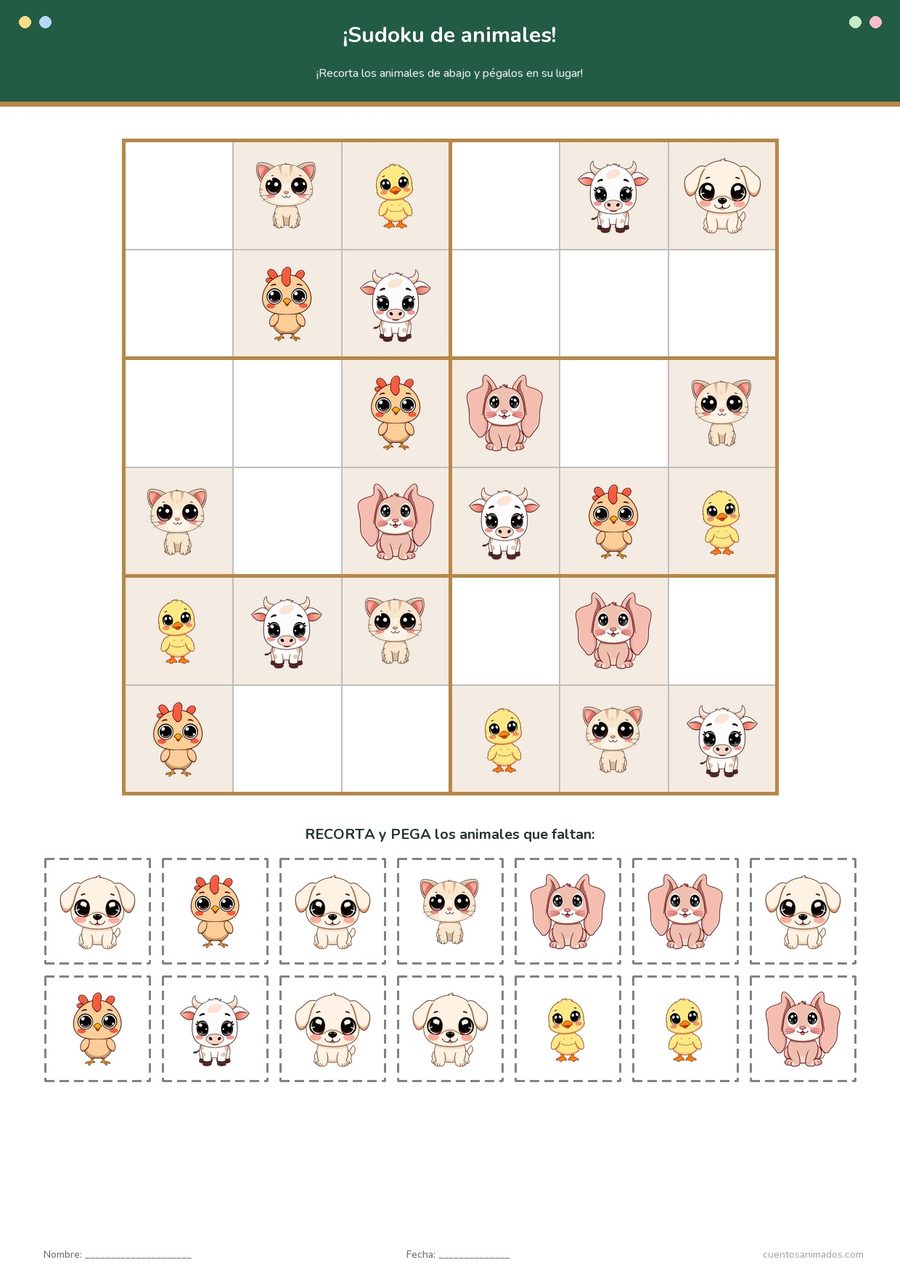 Ficha imprimible gratuita de animales de la granja en la que los niños completan el sudoku con los dibujos que faltan.