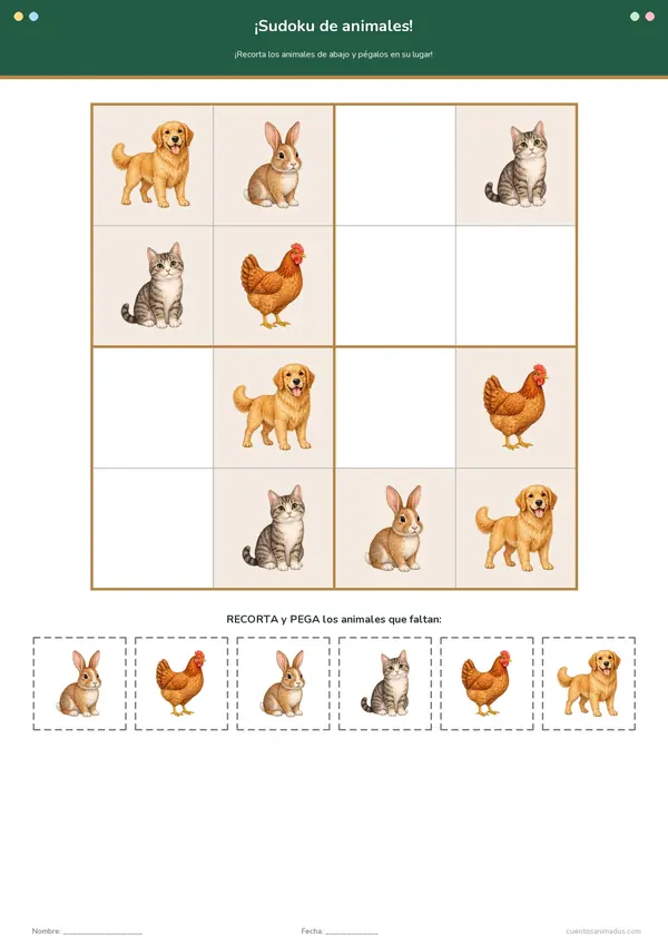 Ficha imprimible gratuita de animales de la granja en la que los niños completan el sudoku con los dibujos que faltan.