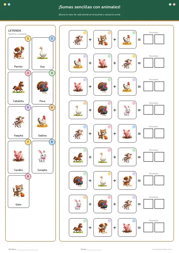 Ficha imprimible gratuita de animales de la granja en la que los niños descifran el valor de cada animal y lo suman.