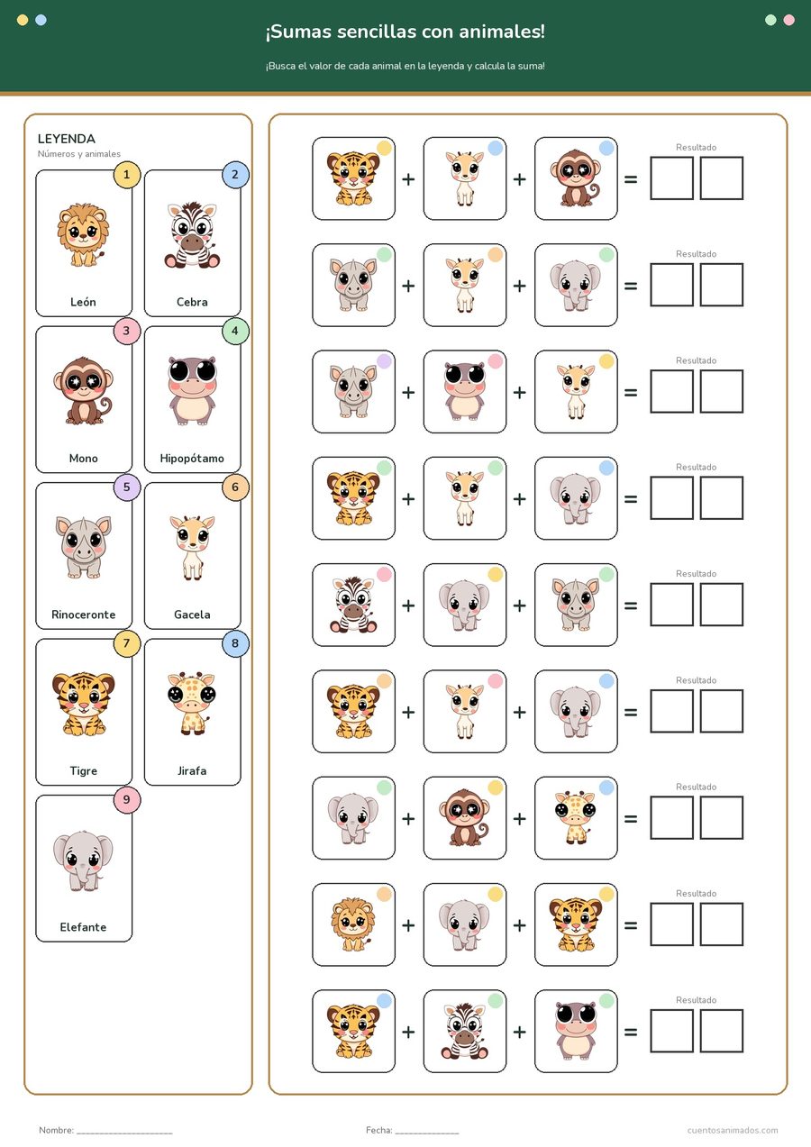 Ficha imprimible gratuita de animales de safari en la que los niños descifran el valor de cada animal y lo suman.