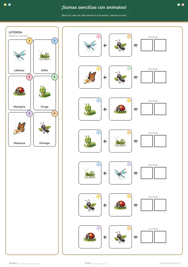 Ficha imprimible gratuita de insectos amigables en la que los niños descifran el valor de cada animal y lo suman.