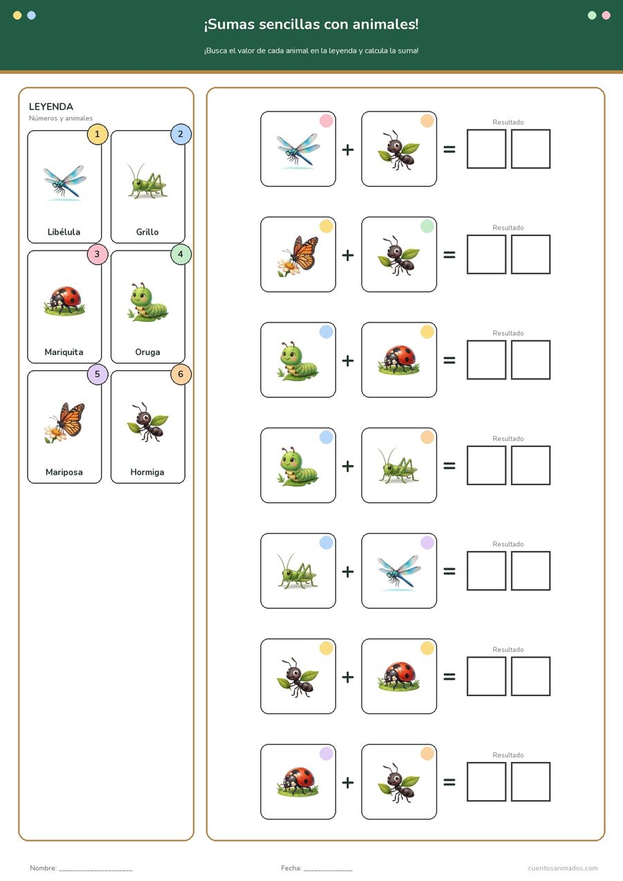 Ficha imprimible gratuita de insectos amigables en la que los niños descifran el valor de cada animal y lo suman.