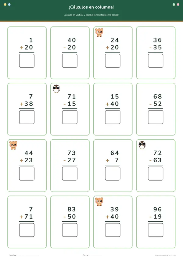 Ficha imprimible gratuita de animales de safari en la que los niños resuelven las operaciones en columna.