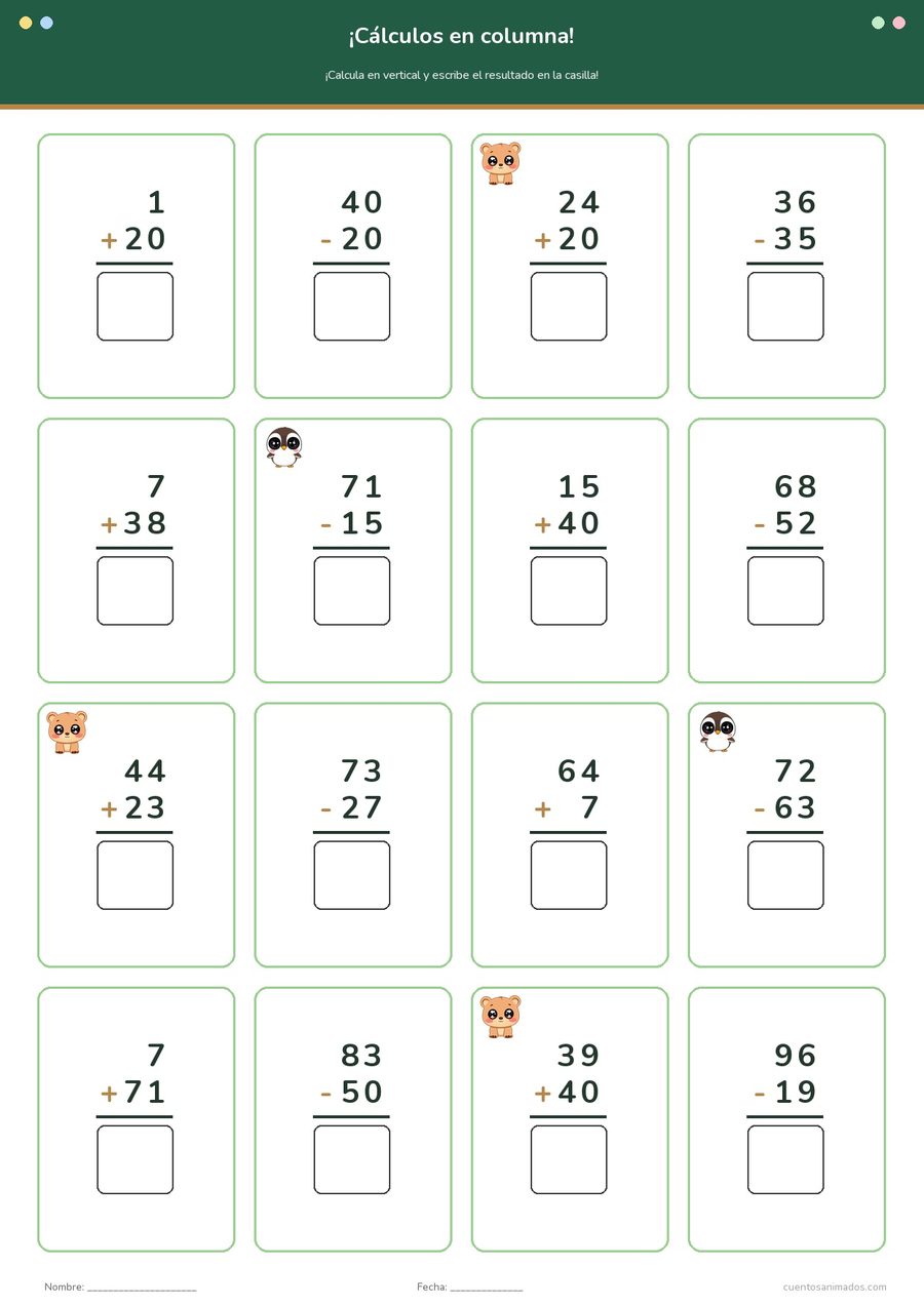 Ficha imprimible gratuita de animales de safari en la que los niños resuelven las operaciones en columna.