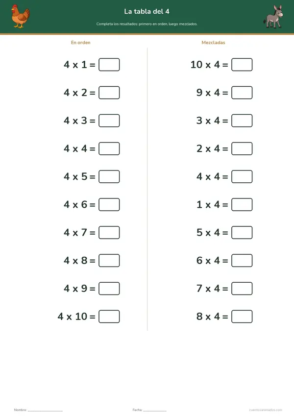 Ficha imprimible gratuita de animales de la granja en la que los niños practican una tabla de multiplicar en orden…