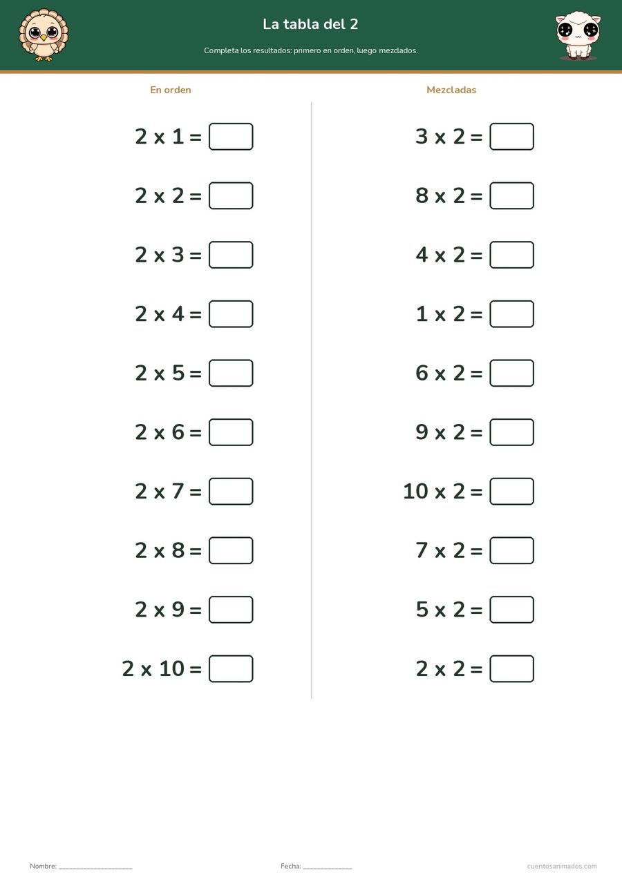 Ficha imprimible gratuita de animales de la granja en la que los niños practican una tabla de multiplicar en orden…