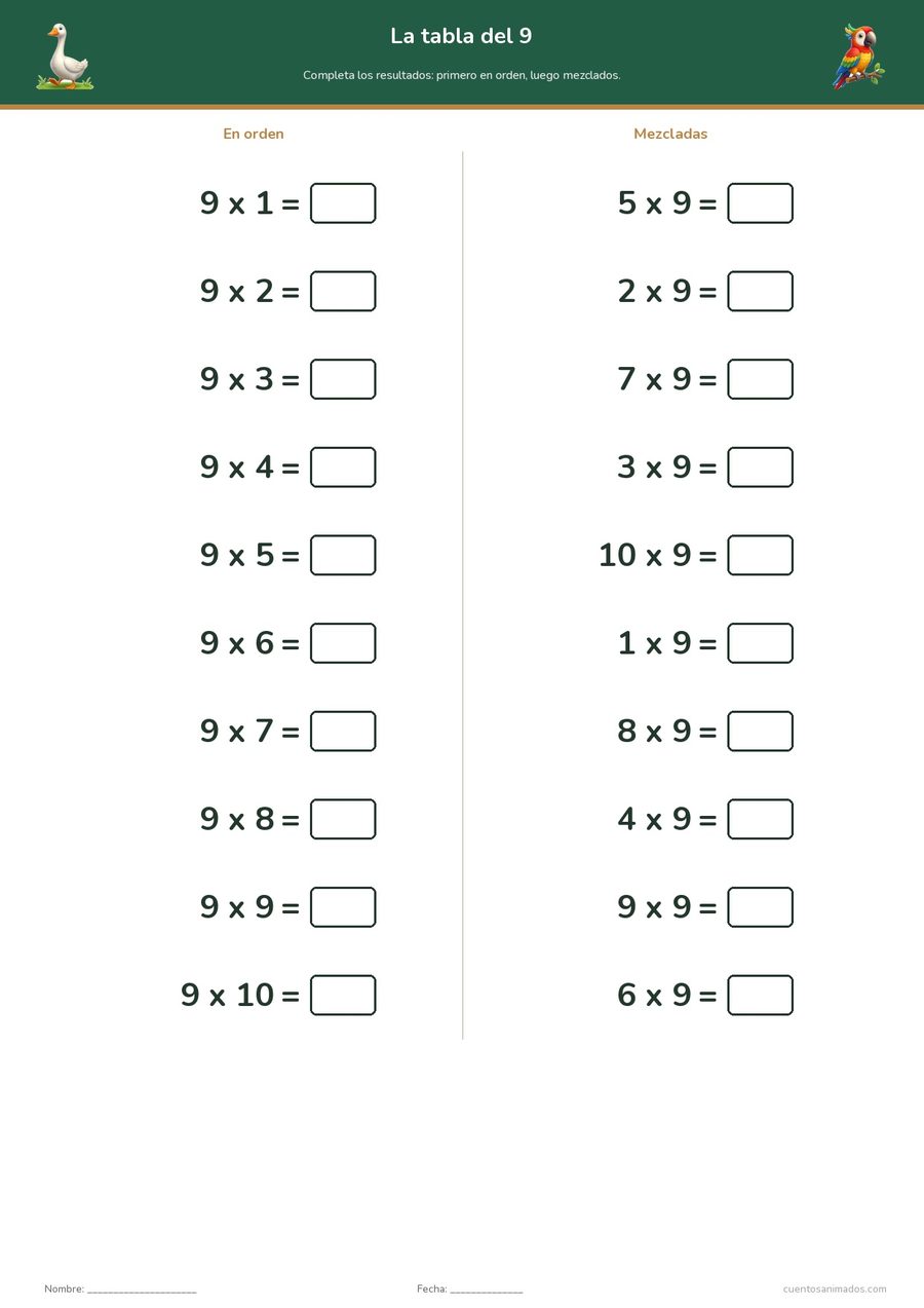 Ficha imprimible gratuita de animales de la granja en la que los niños practican una tabla de multiplicar en orden…