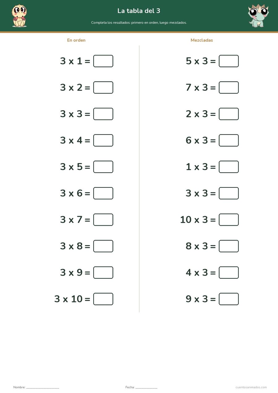 Ficha imprimible gratuita de dinosaurios en la que los niños practican una tabla de multiplicar en orden y mezclada.