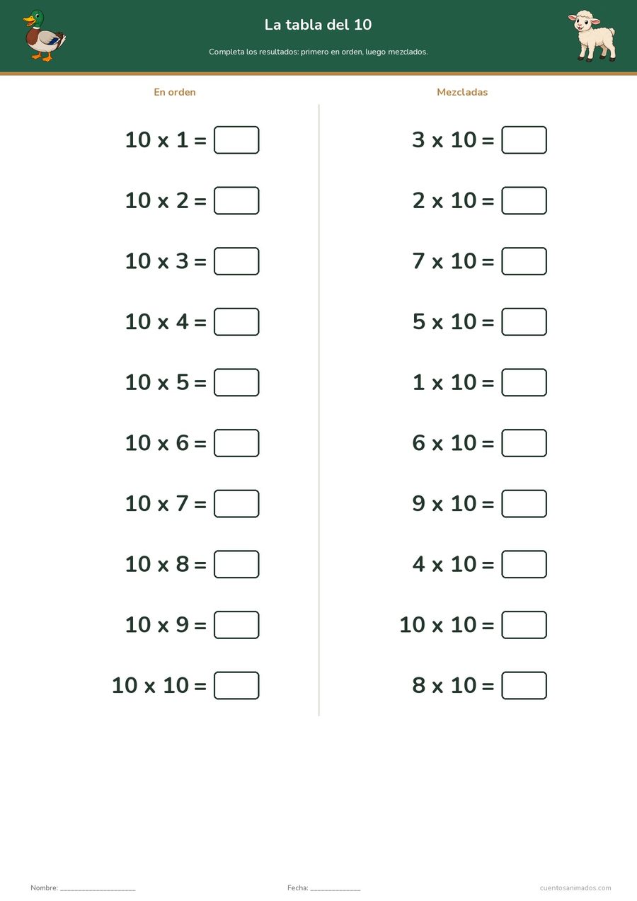 Ficha imprimible gratuita de animales de la granja en la que los niños practican una tabla de multiplicar en orden…