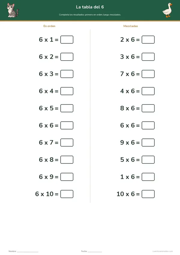 Ficha imprimible gratuita de animales de la granja en la que los niños practican una tabla de multiplicar en orden…