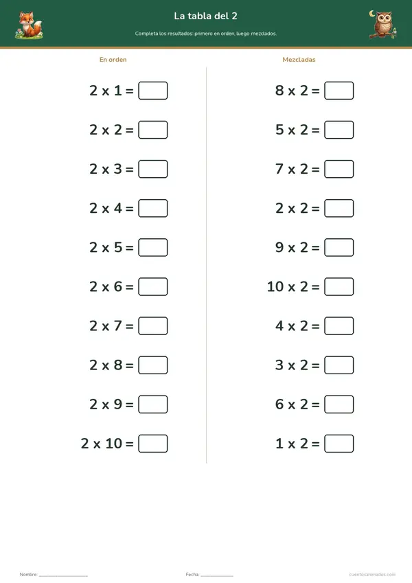 Ficha imprimible gratuita de animales del bosque en la que los niños practican una tabla de multiplicar en orden y mezclada.