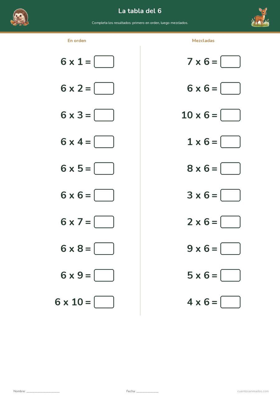 Ficha imprimible gratuita de animales del bosque en la que los niños practican una tabla de multiplicar en orden y mezclada.