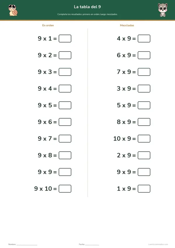 Ficha imprimible gratuita de animales del bosque en la que los niños practican una tabla de multiplicar en orden y mezclada.