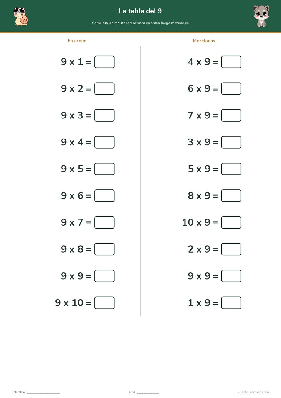 Ficha imprimible gratuita de animales del bosque en la que los niños practican una tabla de multiplicar en orden y mezclada.