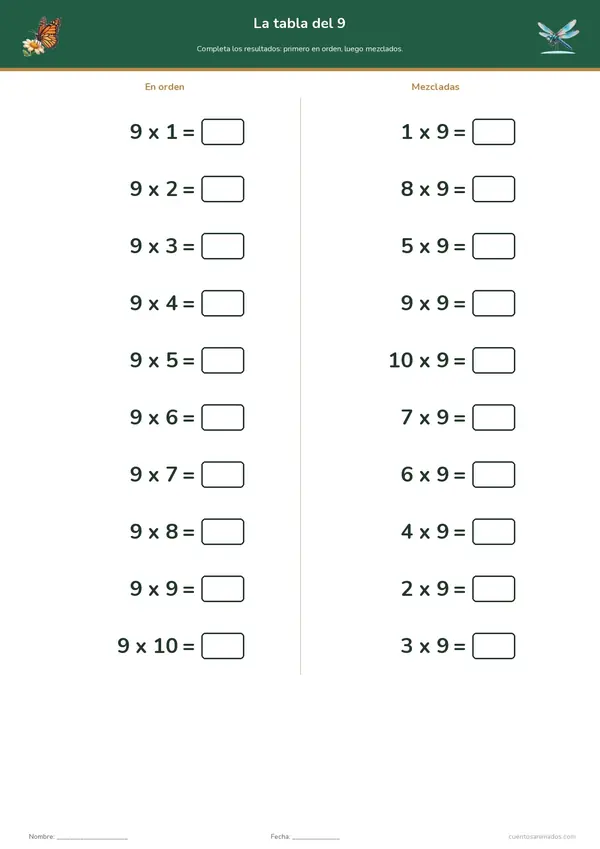 Ficha imprimible gratuita de insectos amigables en la que los niños practican una tabla de multiplicar en orden y mezclada.