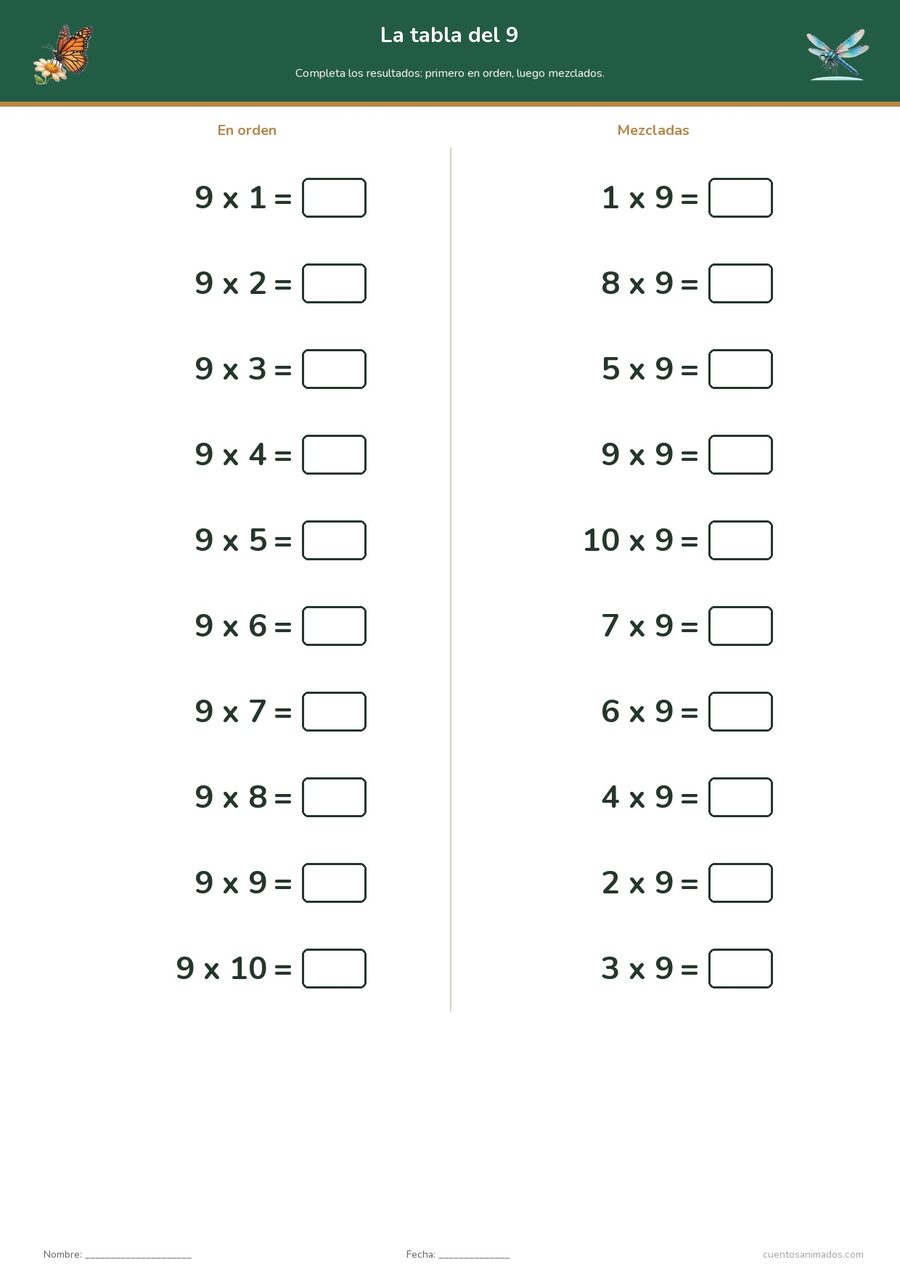 Ficha imprimible gratuita de insectos amigables en la que los niños practican una tabla de multiplicar en orden y mezclada.