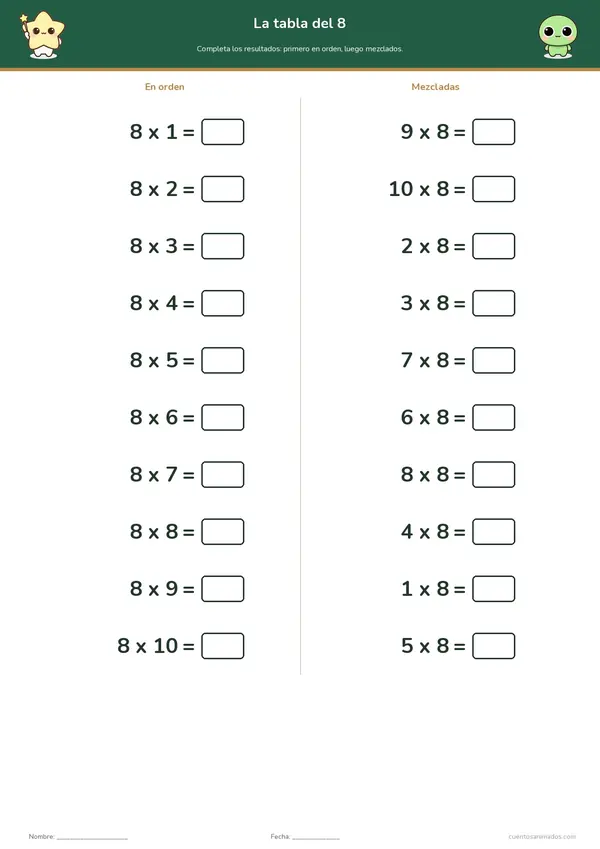 Ficha imprimible gratuita de espacio en la que los niños practican una tabla de multiplicar en orden y mezclada.