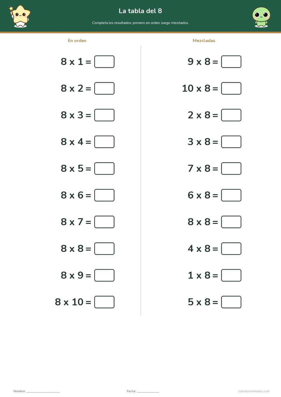 Ficha imprimible gratuita de espacio en la que los niños practican una tabla de multiplicar en orden y mezclada.