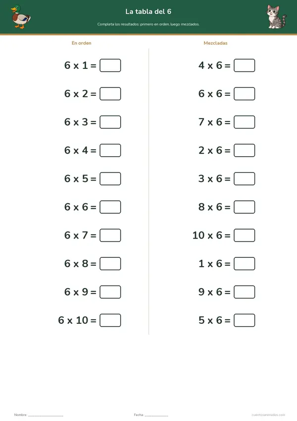Ficha imprimible gratuita de animales de la granja en la que los niños practican una tabla de multiplicar en orden…
