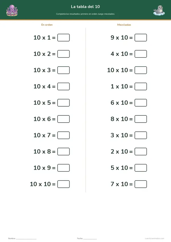 Ficha imprimible gratuita de animales marinos en la que los niños practican una tabla de multiplicar en orden y mezclada.