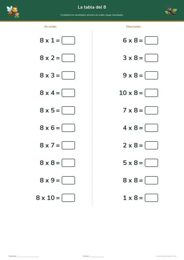 Ficha imprimible gratuita de insectos amigables en la que los niños practican una tabla de multiplicar en orden y mezclada.