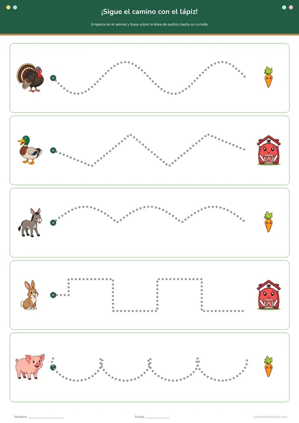 Ficha imprimible gratuita de animales de la granja en la que los niños trazan la línea de puntos del animal a su comida.