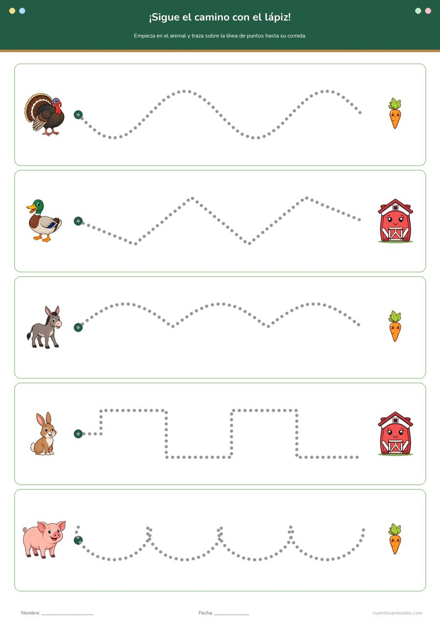 Ficha imprimible gratuita de animales de la granja en la que los niños trazan la línea de puntos del animal a su comida.