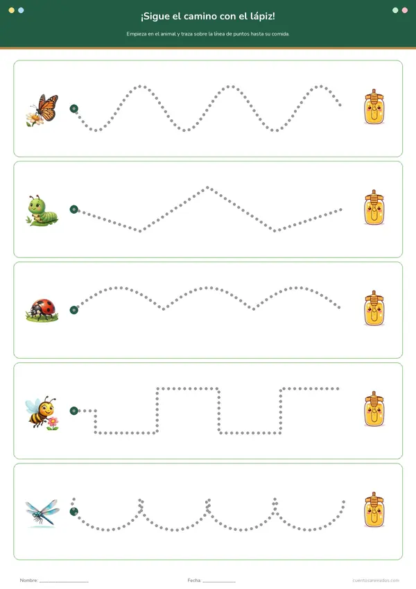 Ficha imprimible gratuita de insectos amigables en la que los niños trazan la línea de puntos del animal a su comida.